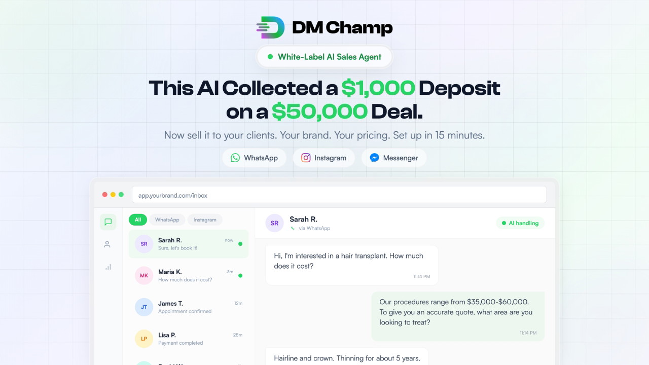 DM Champ is a white-label AI sales agent that engages leads and closes deals through WhatsApp, Instagram, and Facebook Messenger.