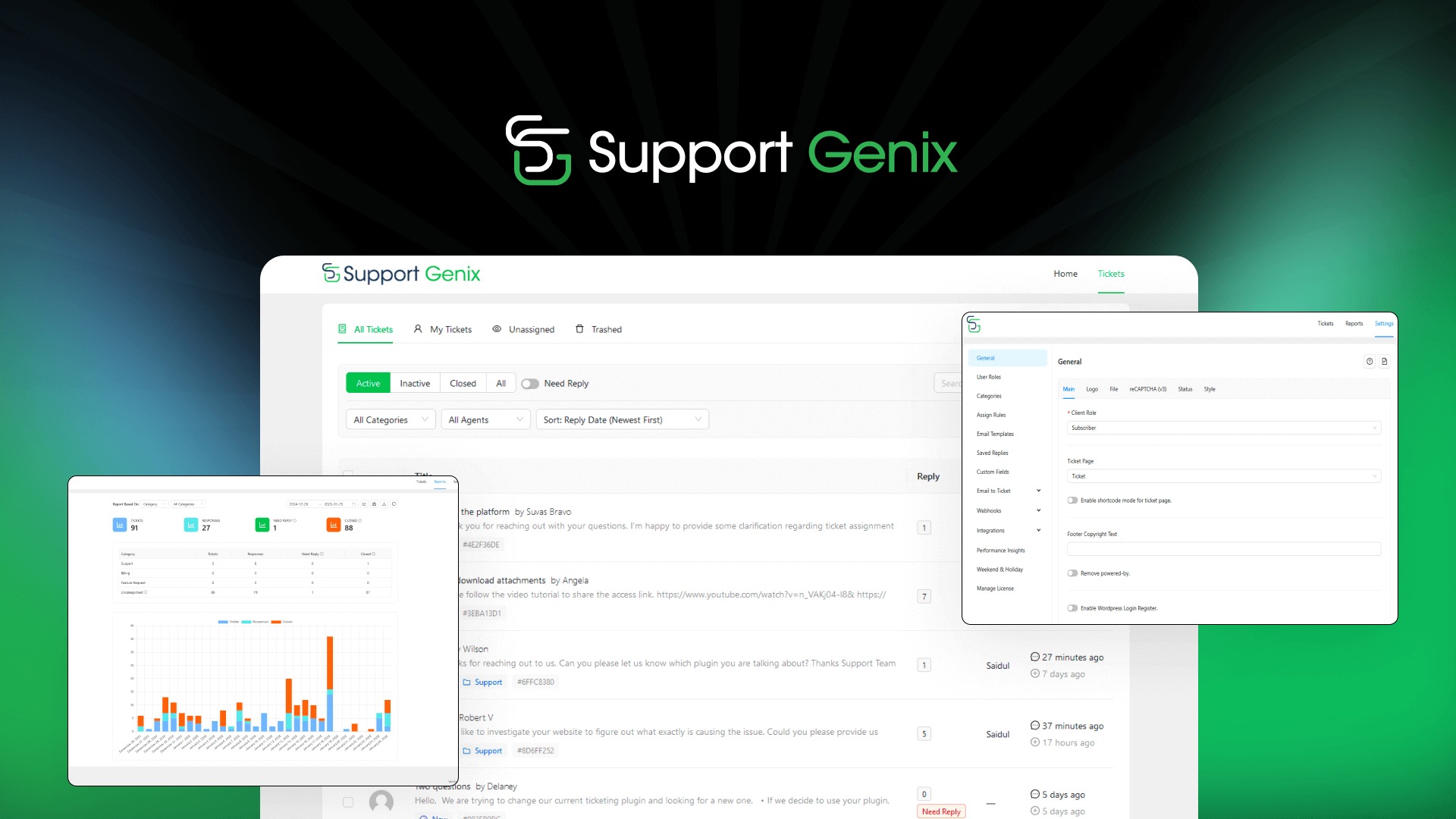 Support Genix is a self-hosted WordPress plugin for managing support tickets, with unlimited agents, an AI chatbot, and WooCommerce integration.