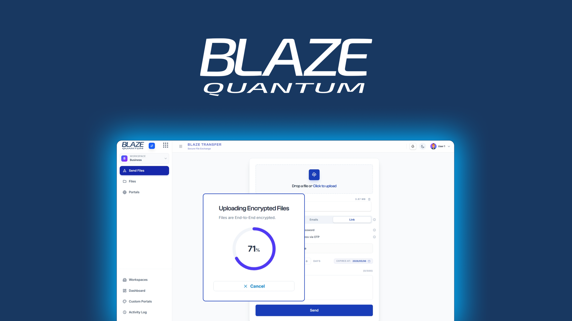 BLAZE Quantum is a quantum-safe, end-to-end encrypted suite of four apps (Transfer, Drive, Note, Messenger) that lets recipients receive files without