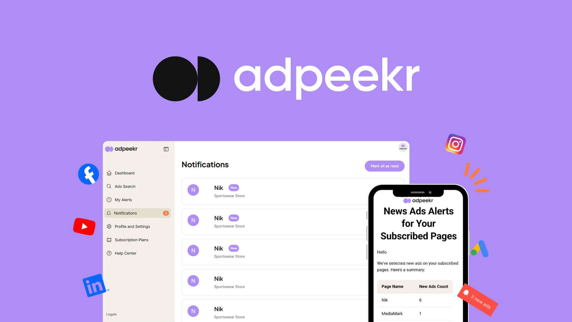AdPeekr is a competitor ad monitoring tool that tracks Facebook, Instagram, LinkedIn, and Google ads and sends email alerts when rivals launch new cam