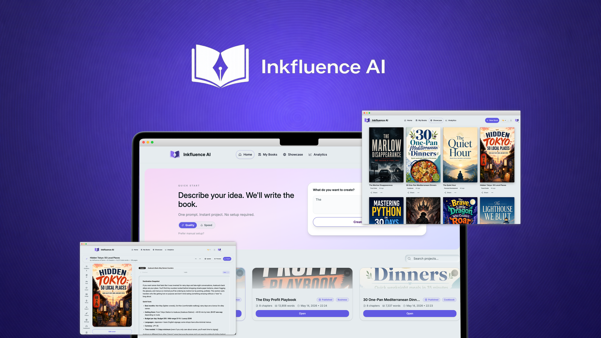 Inkfluence AI is an ebook creation platform that turns a topic into a full manuscript with a cover, audiobook, and export-ready files.