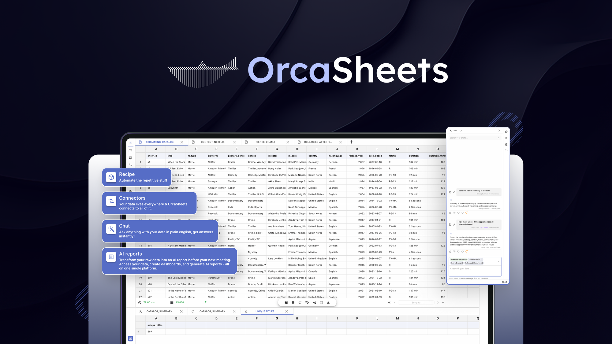 OrcaSheets is a local-first analytics platform that turns plain-English questions into editable SQL and scans billions of rows on your own hardware.