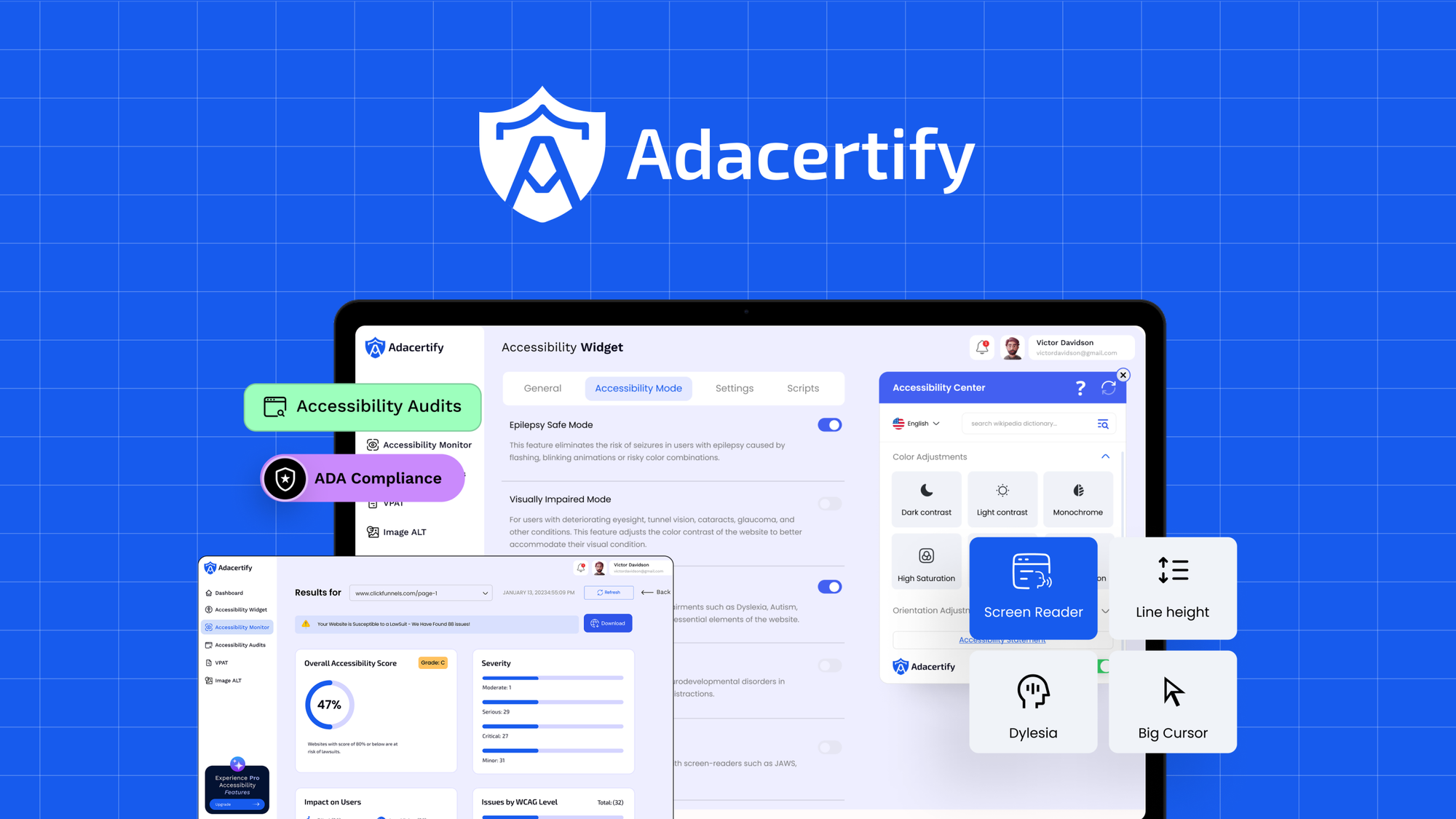 AdaCertify is an AI-powered ADA, WCAG, and Section 508 compliance platform that bundles an accessibility widget, expert audits, PDF remediation, and V