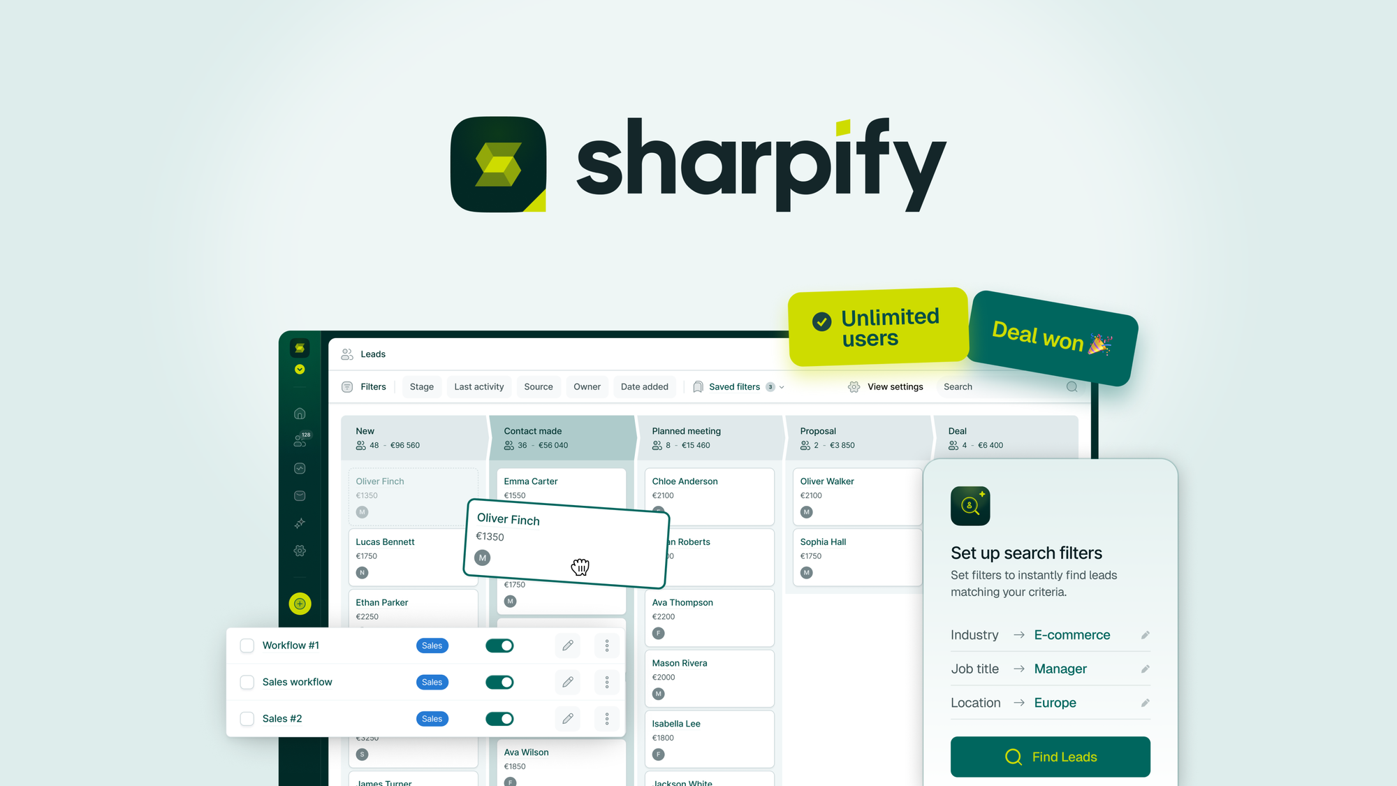 Sharpify is an all-in-one B2B CRM that combines lead capture, sales automation, and pipeline management with a 200-million-contact prospecting databas