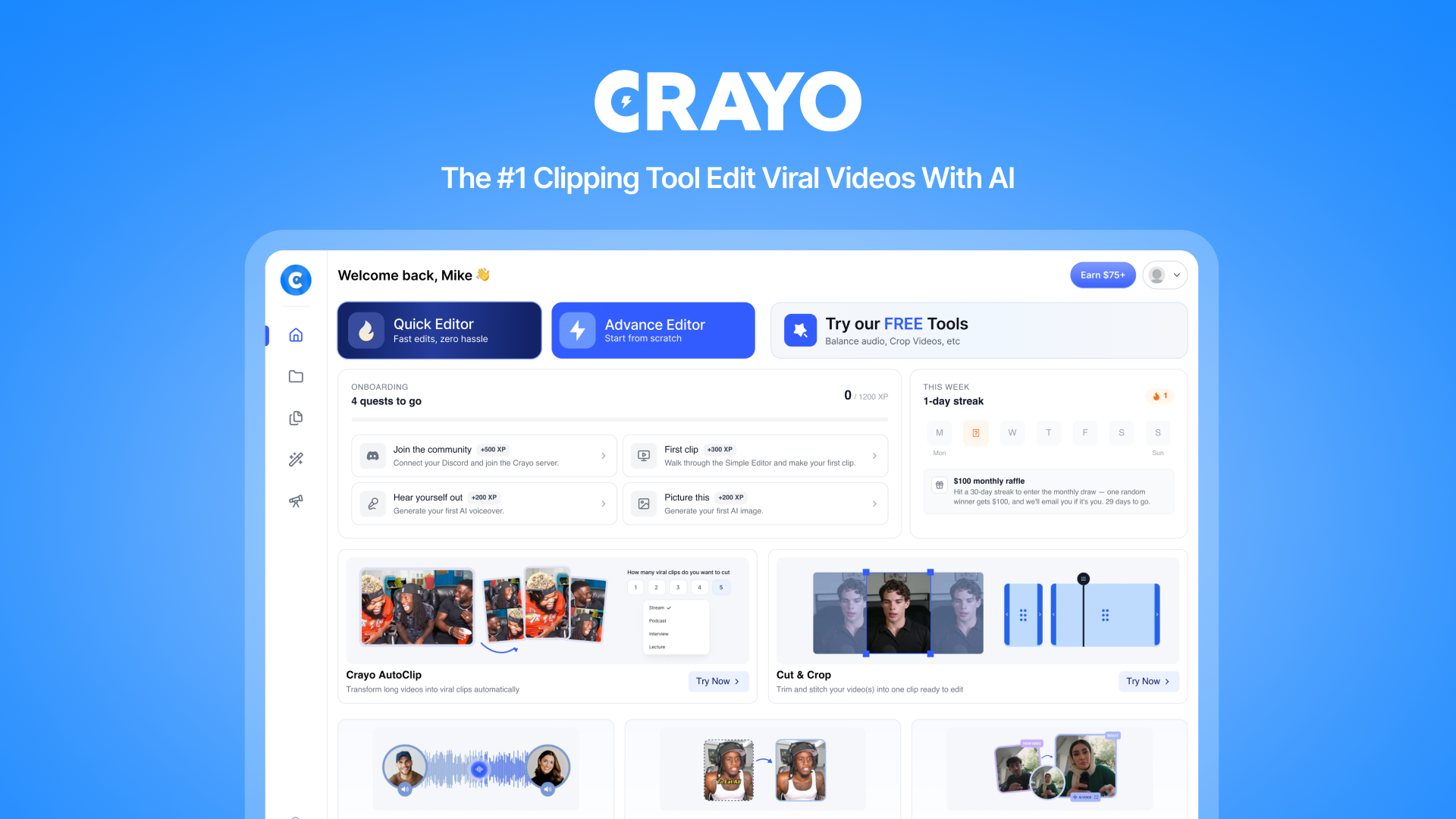 Crayo is a web-based AI editor that turns long videos and clips into short-form social content using preset viral templates, AI voiceovers, and animat
