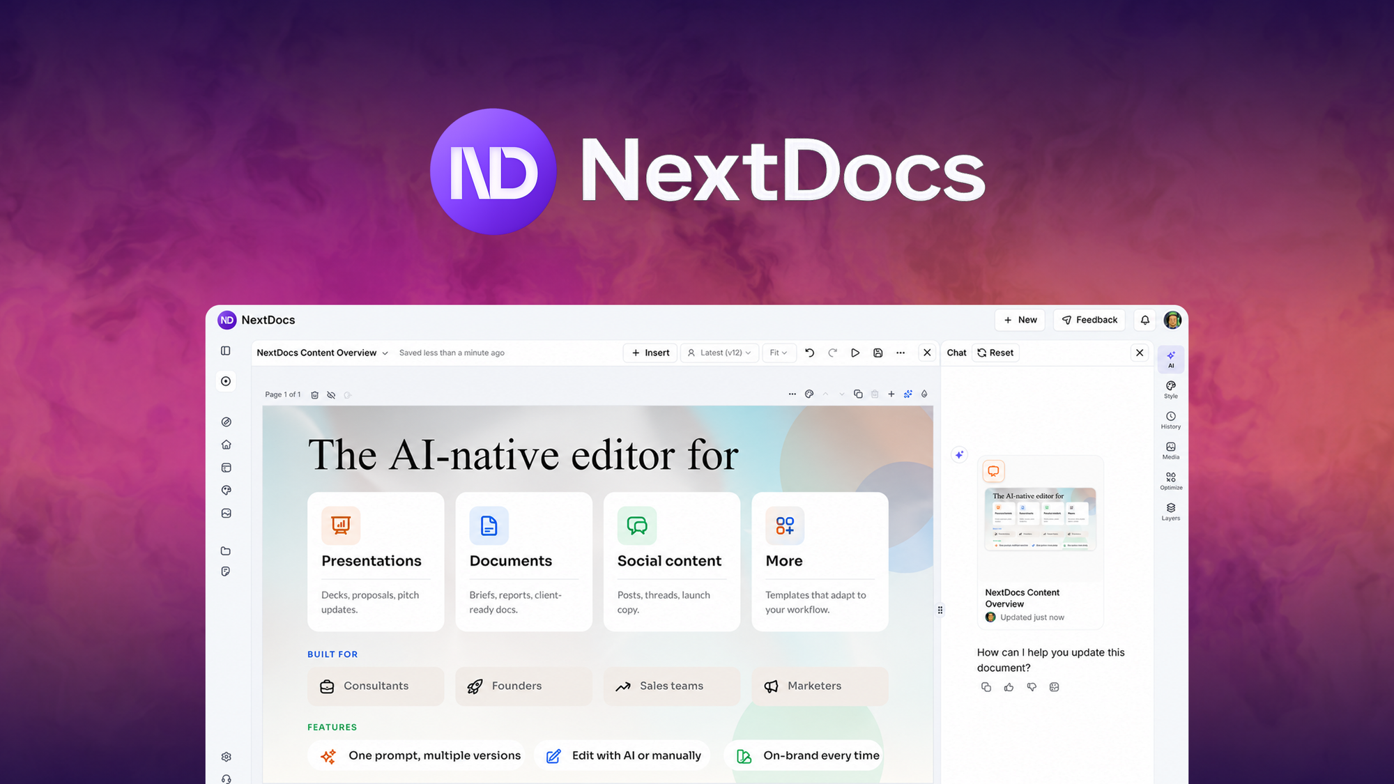 NextDocs is an AI editor that turns a single text prompt into presentations, documents, and social posts with multiple design variants, brand kit styl