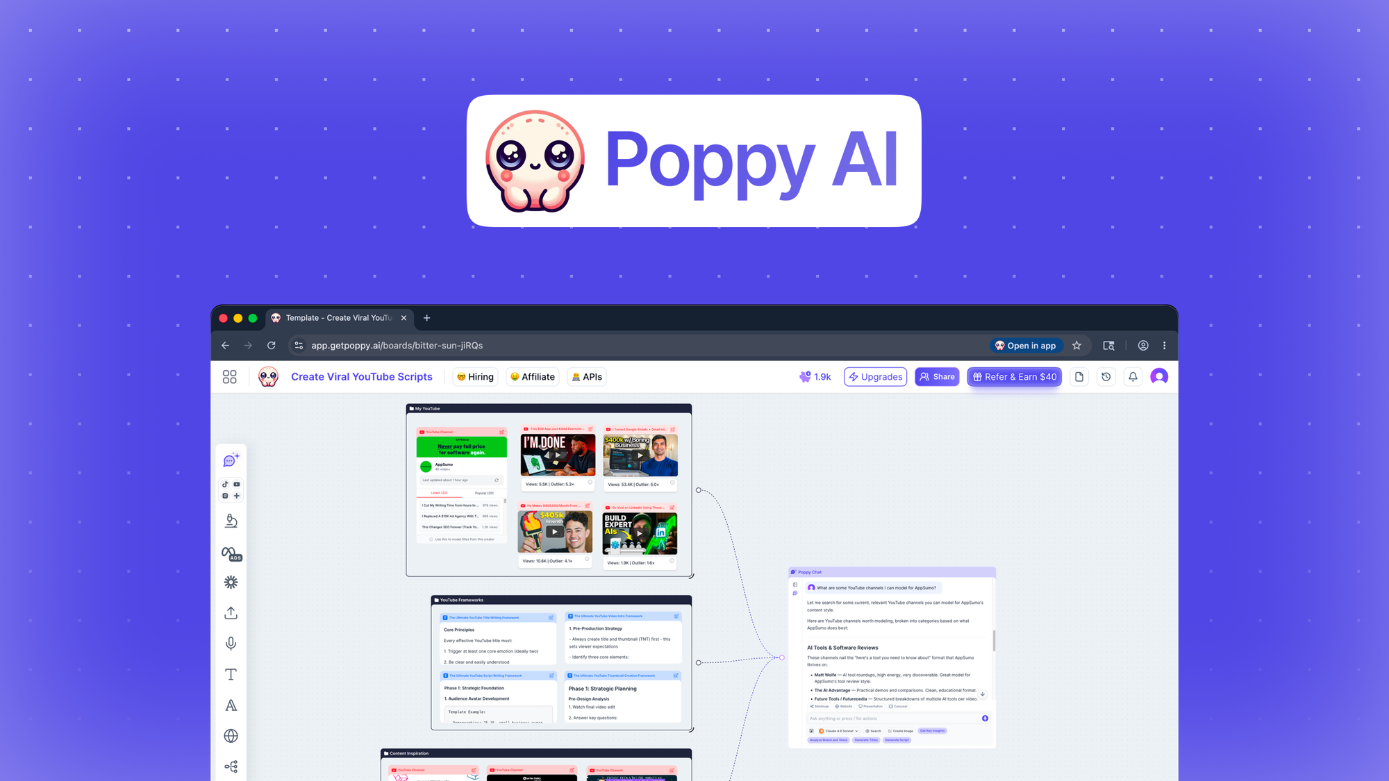 Poppy AI is a visual AI workspace where creators drag YouTube videos, PDFs, links, and voice notes onto a canvas to generate on-brand scripts, posts,