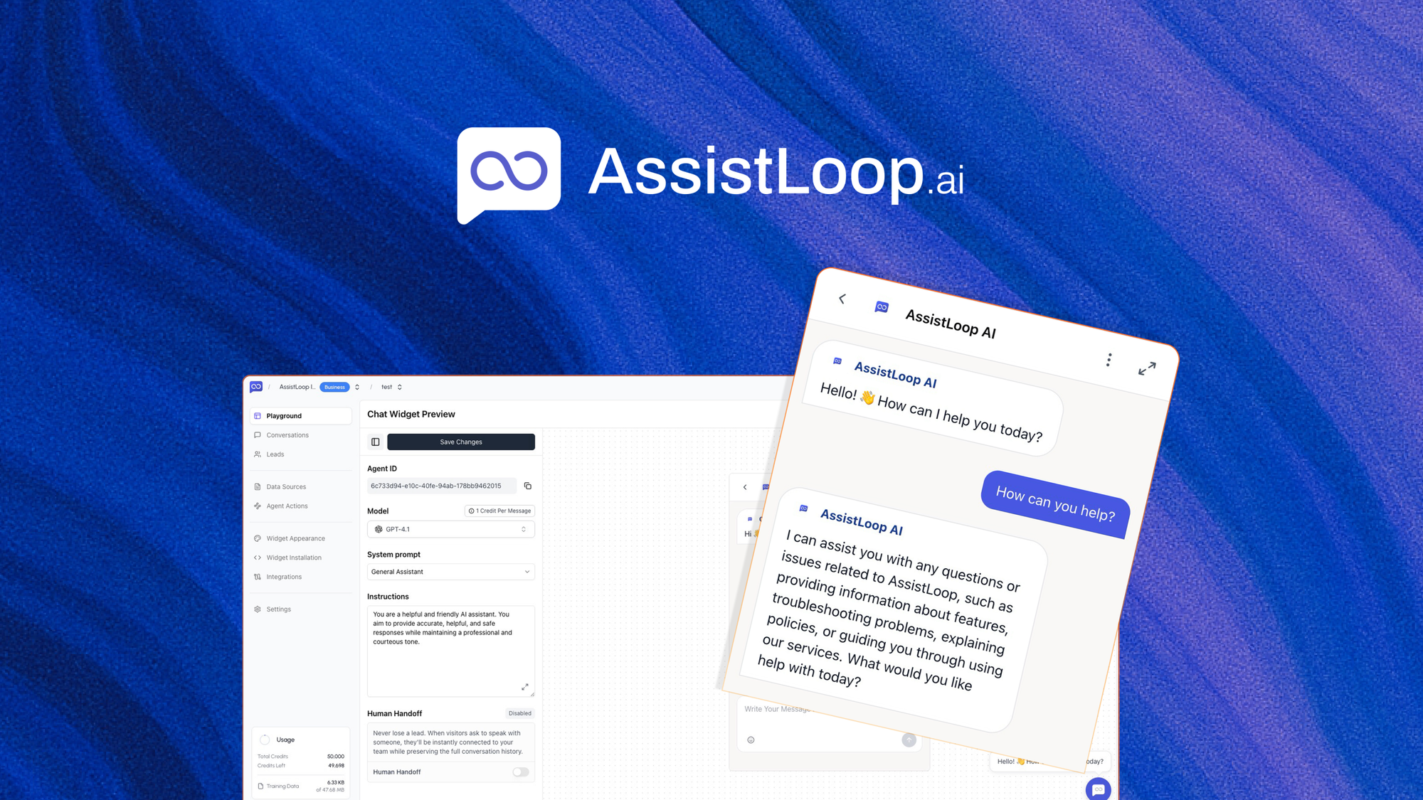 AssistLoop is an AI support chatbot that trains on your docs, URLs, and text to answer customer questions and capture leads from a website widget.