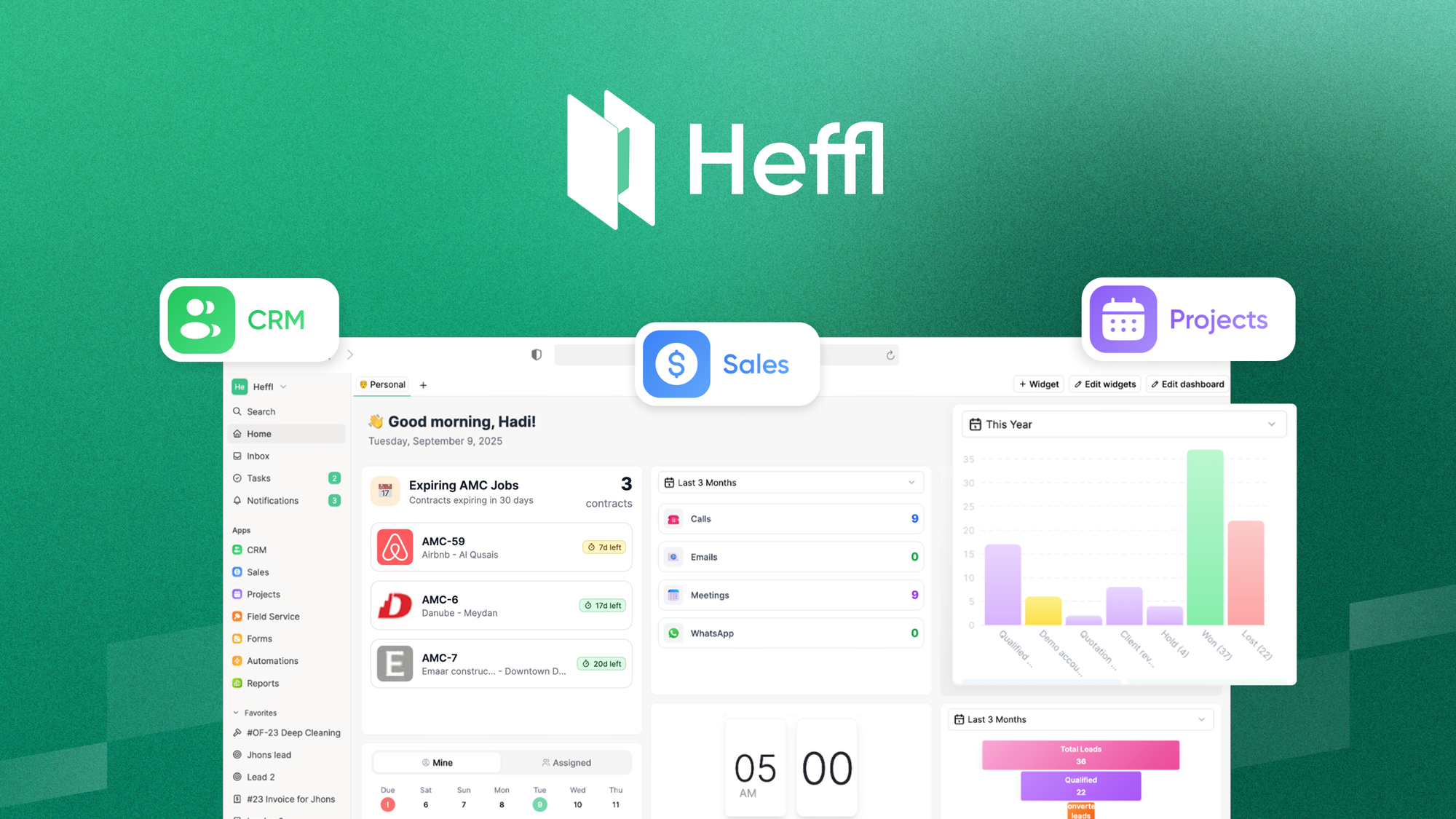 Heffl is an all-in-one business management platform that combines CRM, project management, invoicing, time tracking, proposals, and field service in o