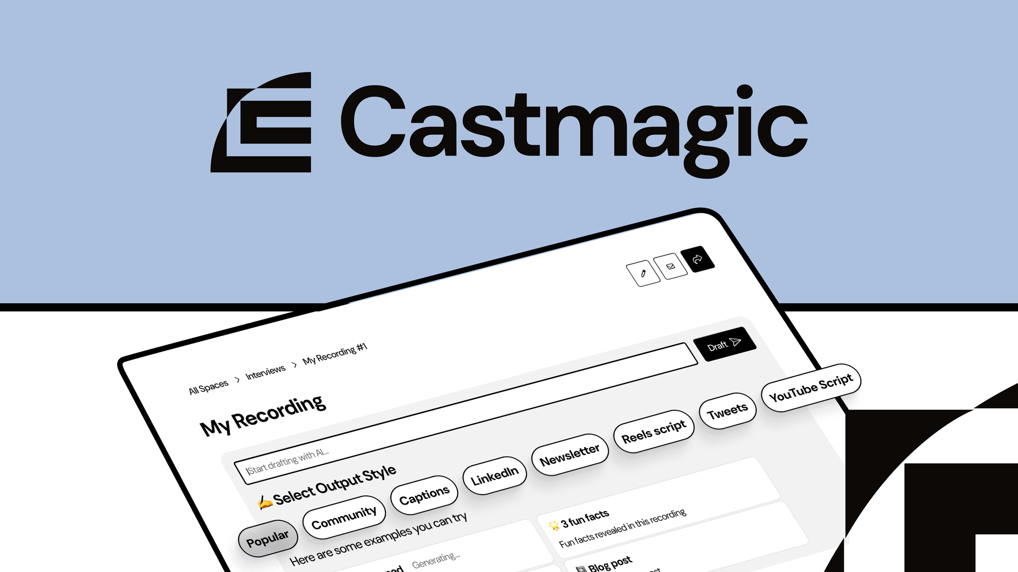 Castmagic is an AI content repurposing platform that turns long-form audio and video into blog posts, social clips, show notes, and newsletters.