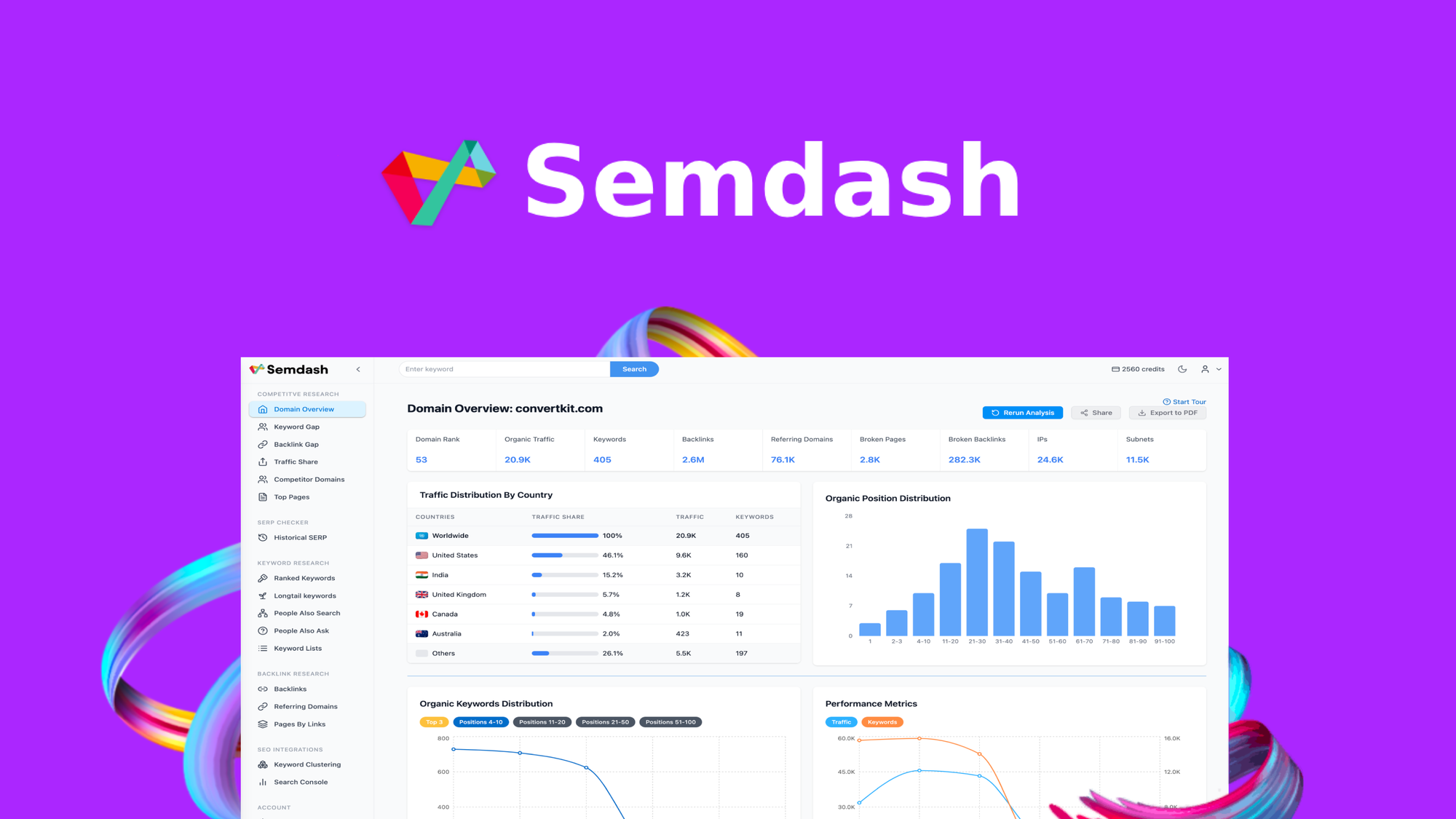 Semdash is a credit-based SEO research platform for keyword research, competitor analysis, SERP checks, and backlink tracking.