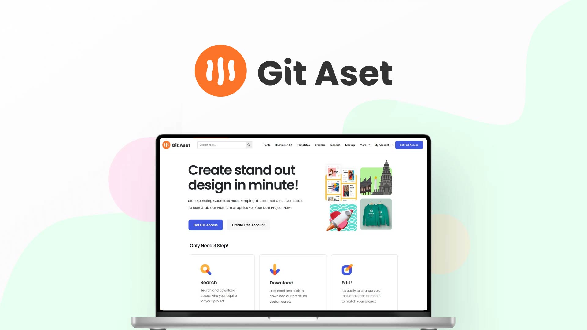 Git Aset is a one-time-purchase library of over 13,000 graphic design assets including premium fonts, 3D graphics, UI kits, and vector illustrations.