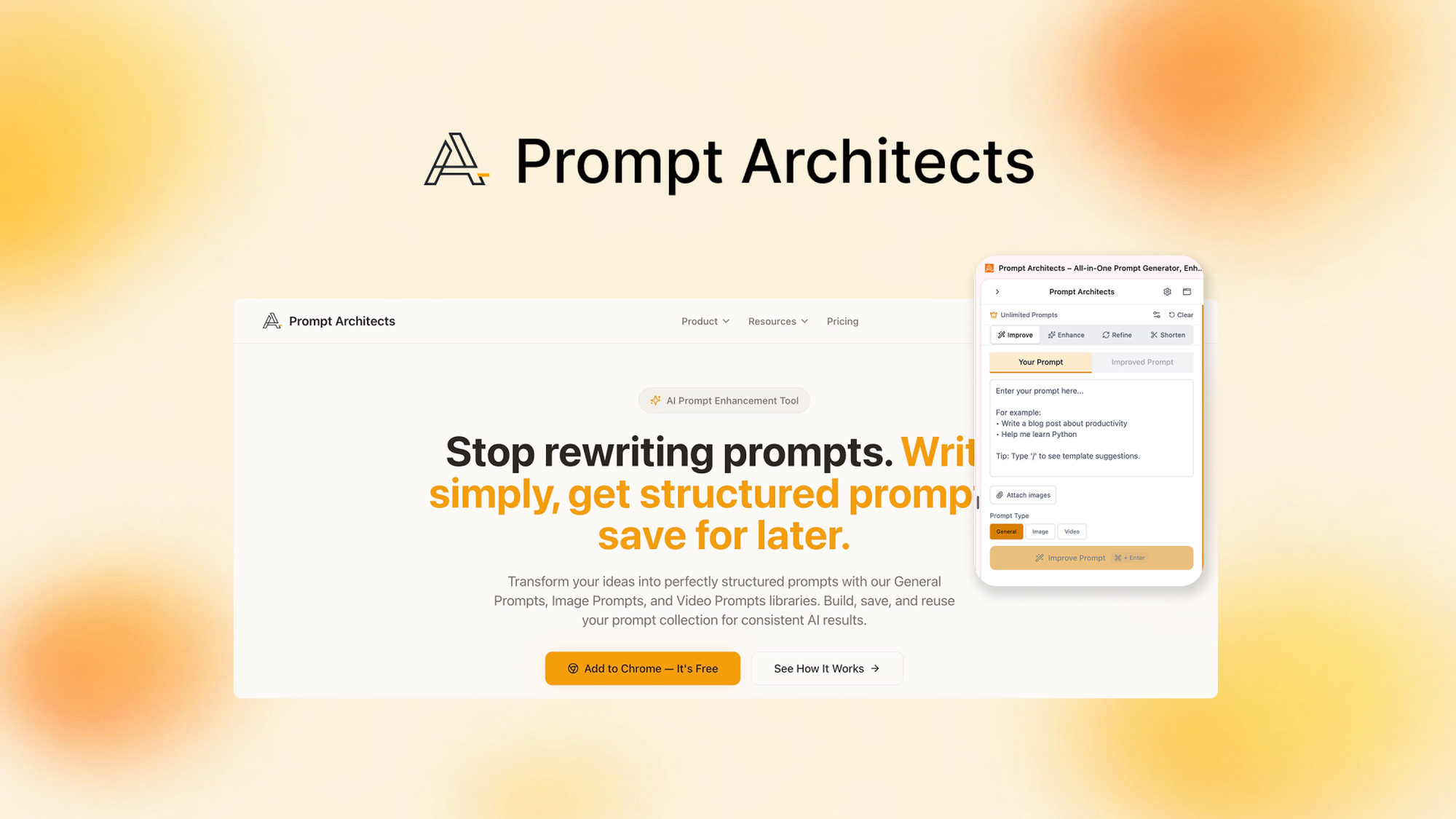 Prompt Architects is a prompt optimization tool that turns rough ideas into structured prompts for ChatGPT, Claude, Gemini, and image or video models.