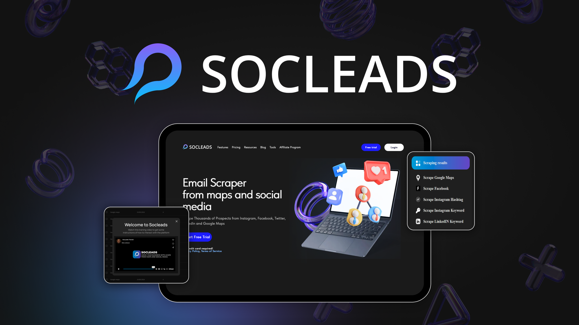 SocLeads is an email scraper that pulls prospect emails from Instagram, Facebook, X, LinkedIn, YouTube, and Google Maps, then validates and deduplicat