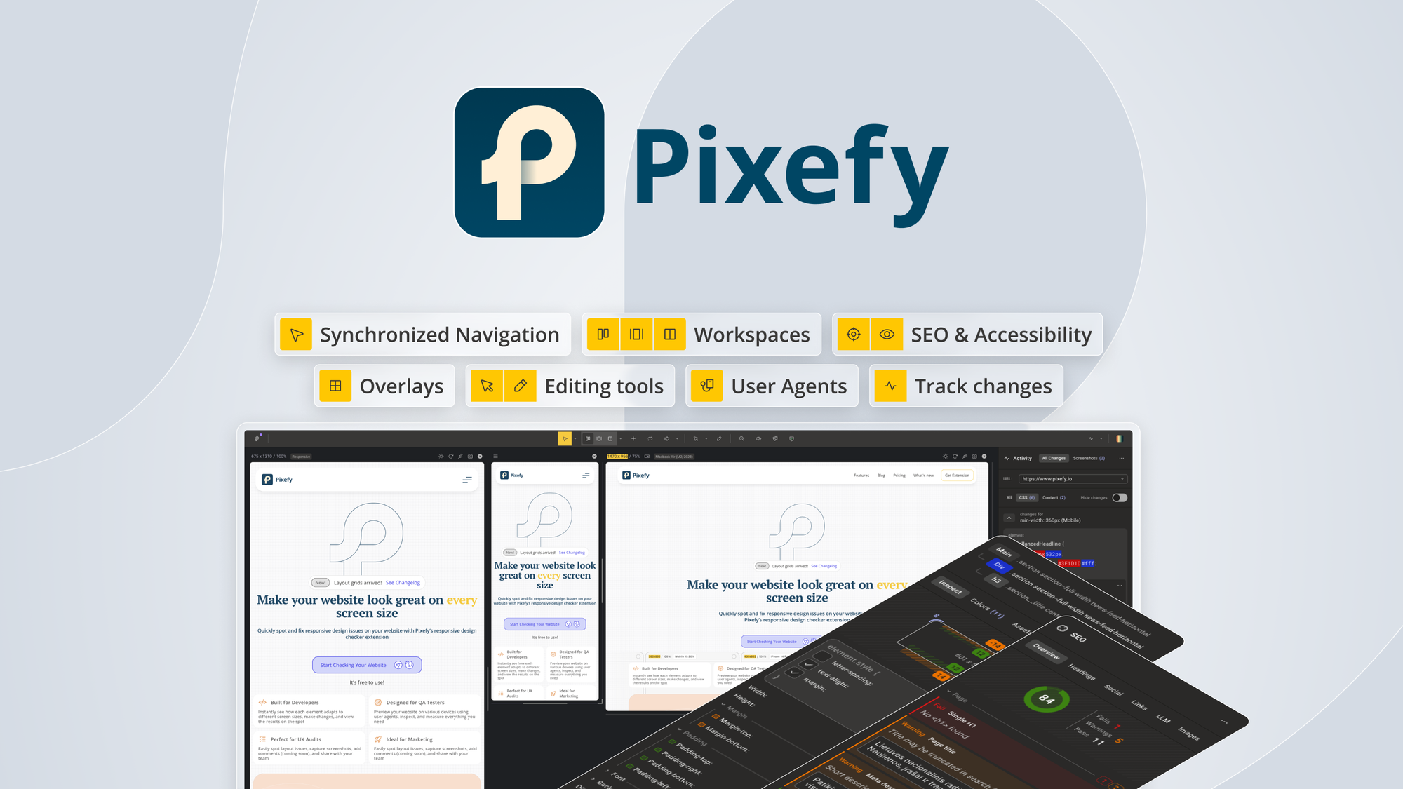 Pixefy is a Chrome extension that previews any website across hundreds of device sizes at once, with live HTML and CSS editing, annotated screenshots,