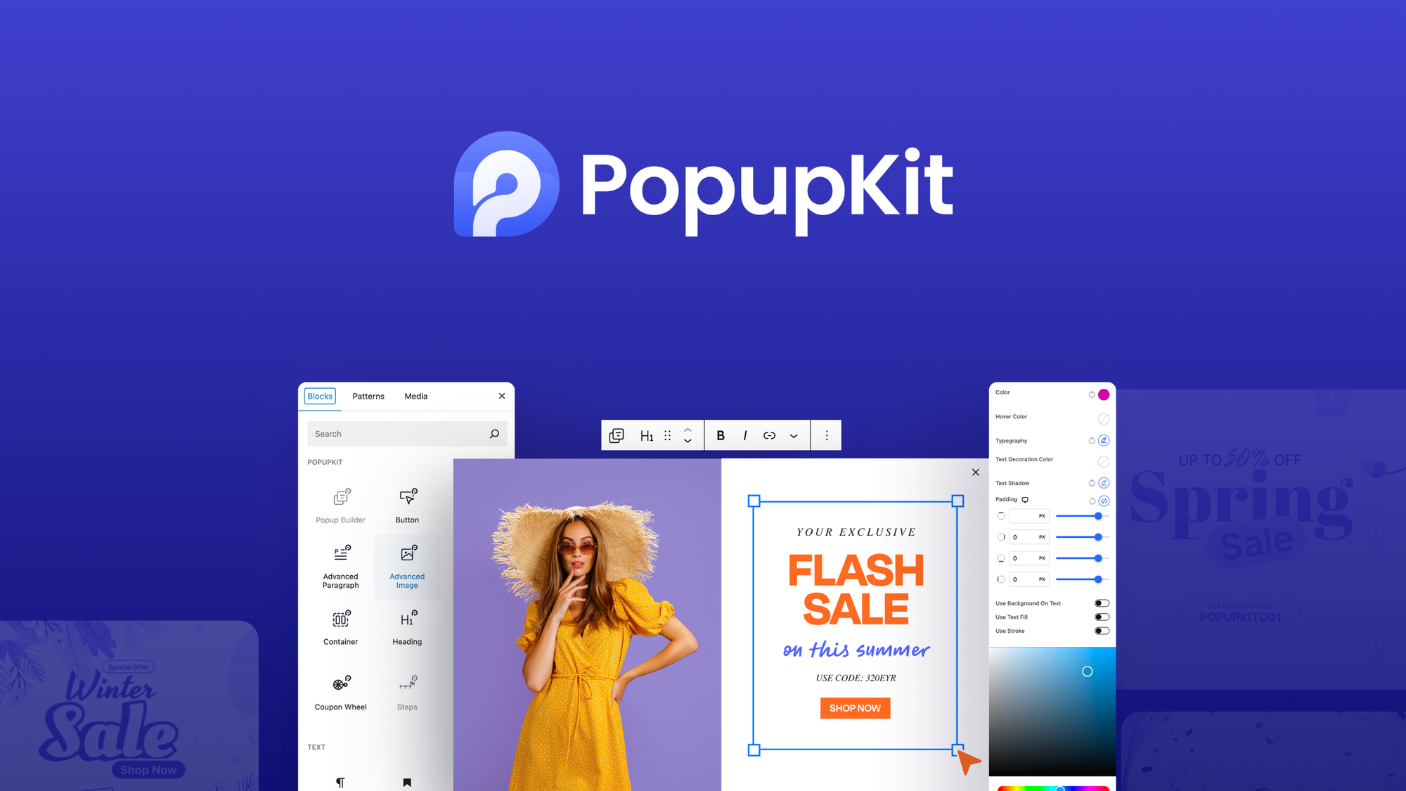 PopupKit is a WordPress popup builder that uses drag-and-drop Gutenberg blocks, 270+ templates, gamification, and A/B testing to capture leads and run