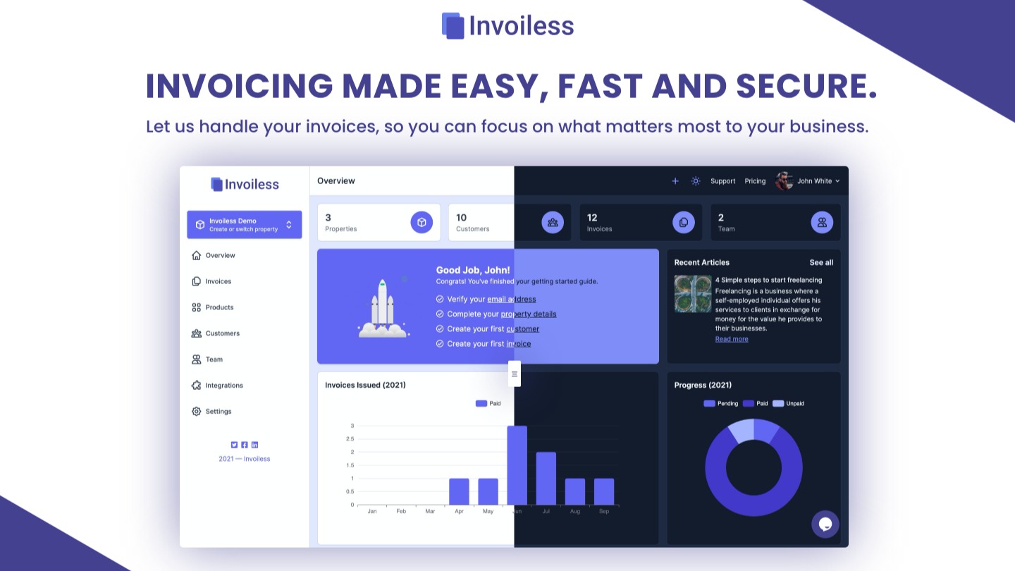 Invoiless is an all-in-one invoicing platform for creating, sending, tracking, and managing invoices, estimates, and payments for freelancers and smal