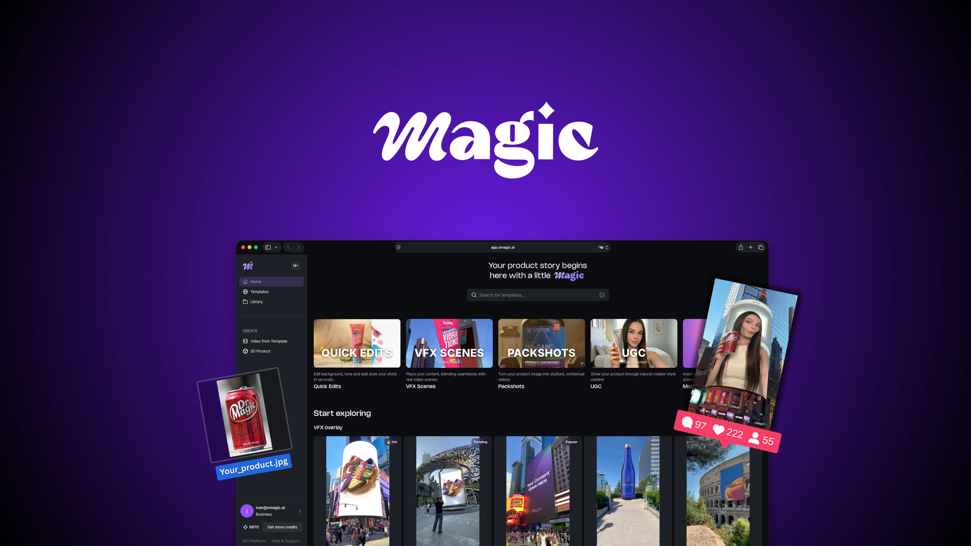 Magic is an AI product video tool that drops your product photo into real filmmaker-shot footage and 3D scenes to produce short marketing clips.