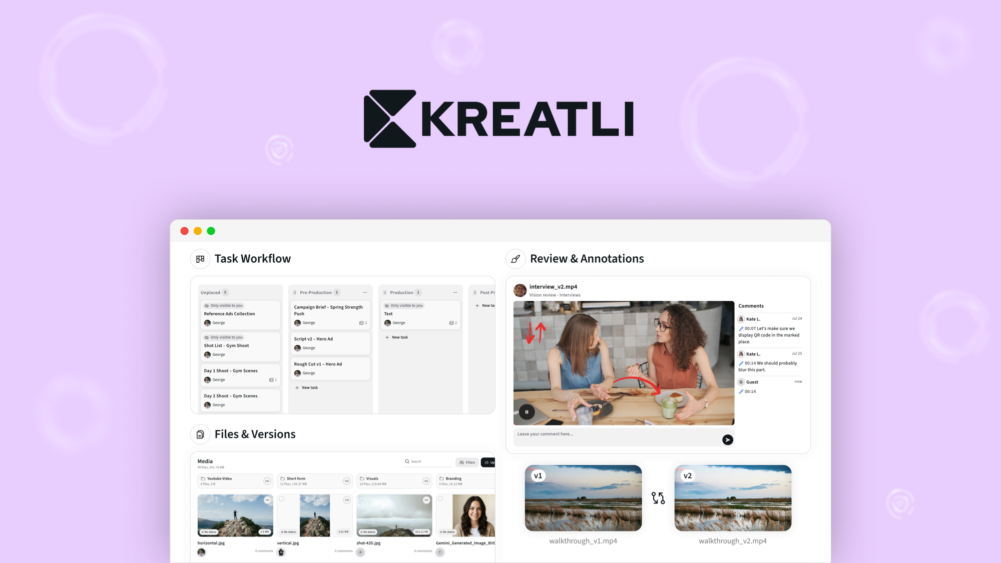 Kreatli is a video collaboration and review platform where creative teams share frame-accurate feedback, track file status, and manage production proj