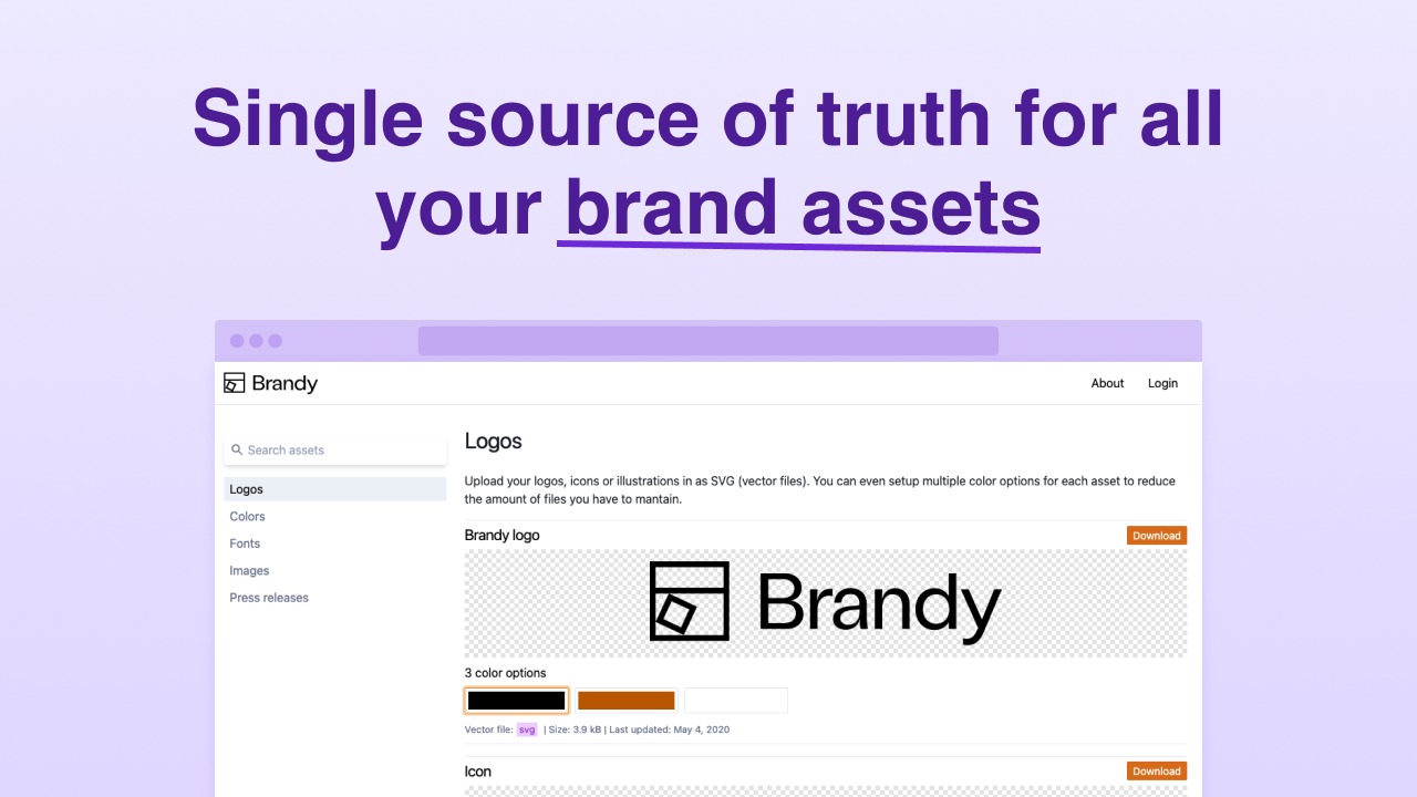 Brandy is a brand asset management platform that creates a shareable, white-labelable directory of logos, fonts, color palettes, and videos.