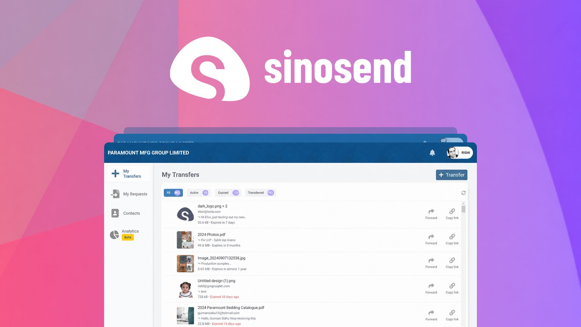 Sinosend is a secure, branded file transfer platform for B2B teams that need GDPR compliance, data residency control, and real-time delivery tracking.