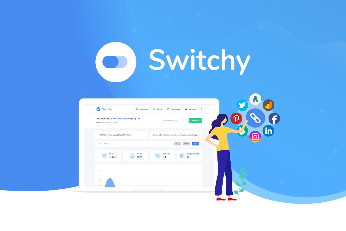 Switchy is a URL shortener and retargeting link platform that lets creators and agencies shorten, brand, and track links while layering retargeting pi