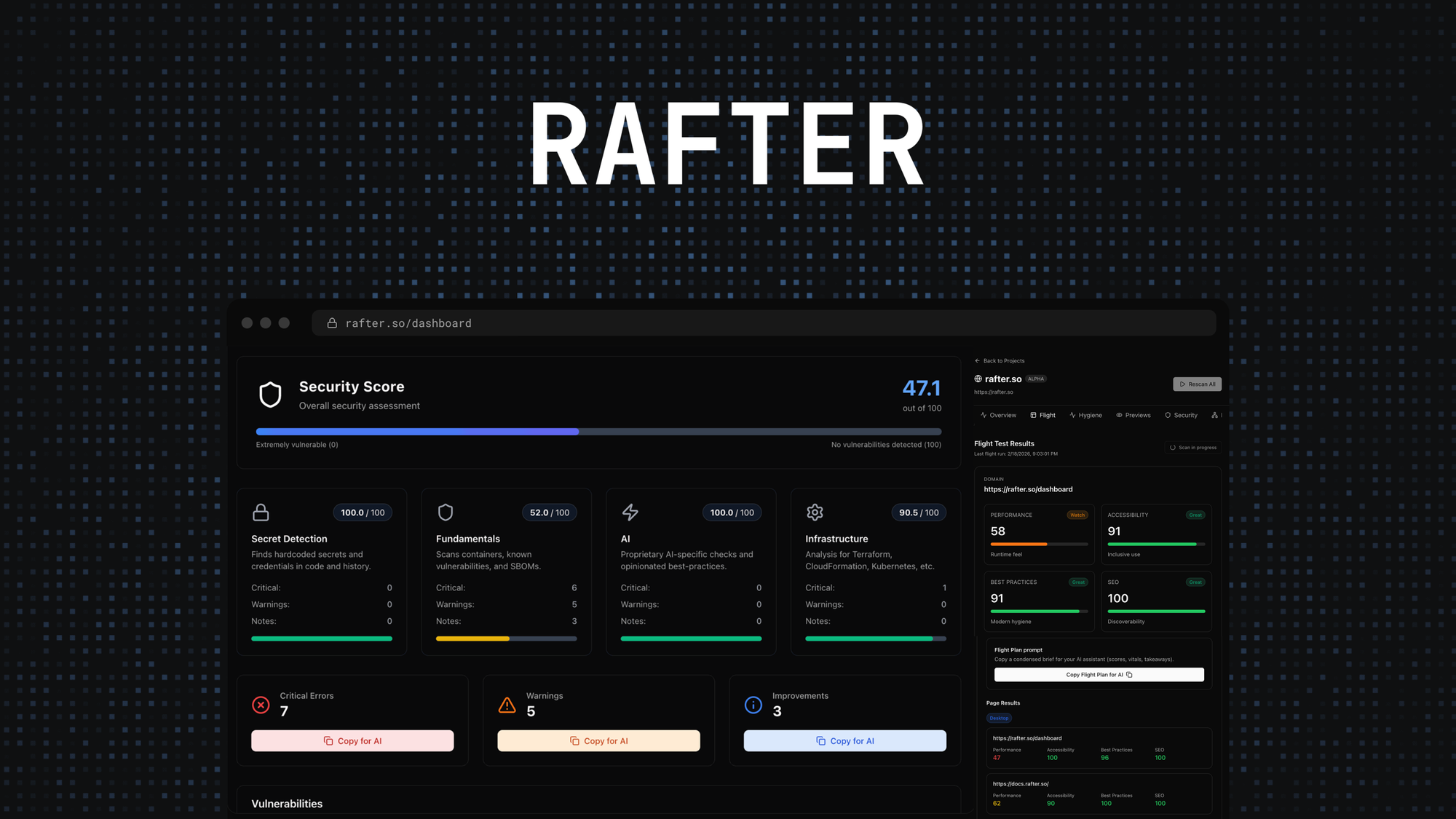 Rafter is a one-click GitHub security scanner that detects secrets, vulnerabilities, and risky dependencies, then hands plain-English fixes to AI codi