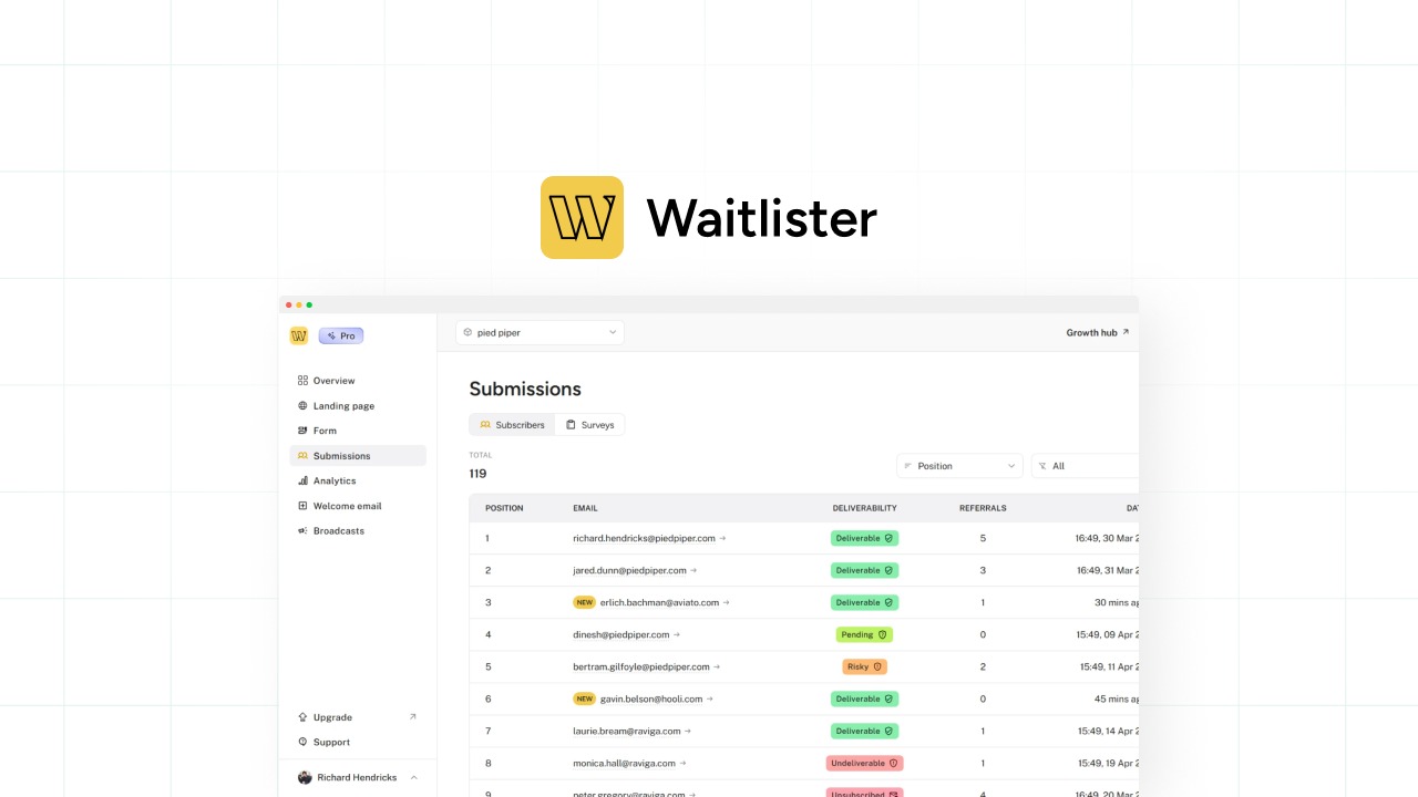 Waitlister is a no-code platform for building branded pre-launch waitlists with referral incentives, email automation, and subscriber analytics.