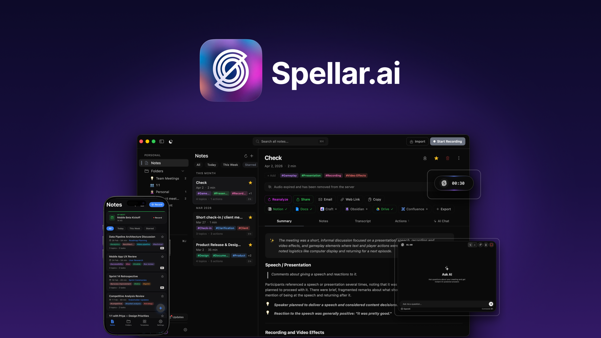 Spellar AI is a Mac and iPhone meeting notes app that records conversations locally with no bot and generates summaries and action items using Claude,