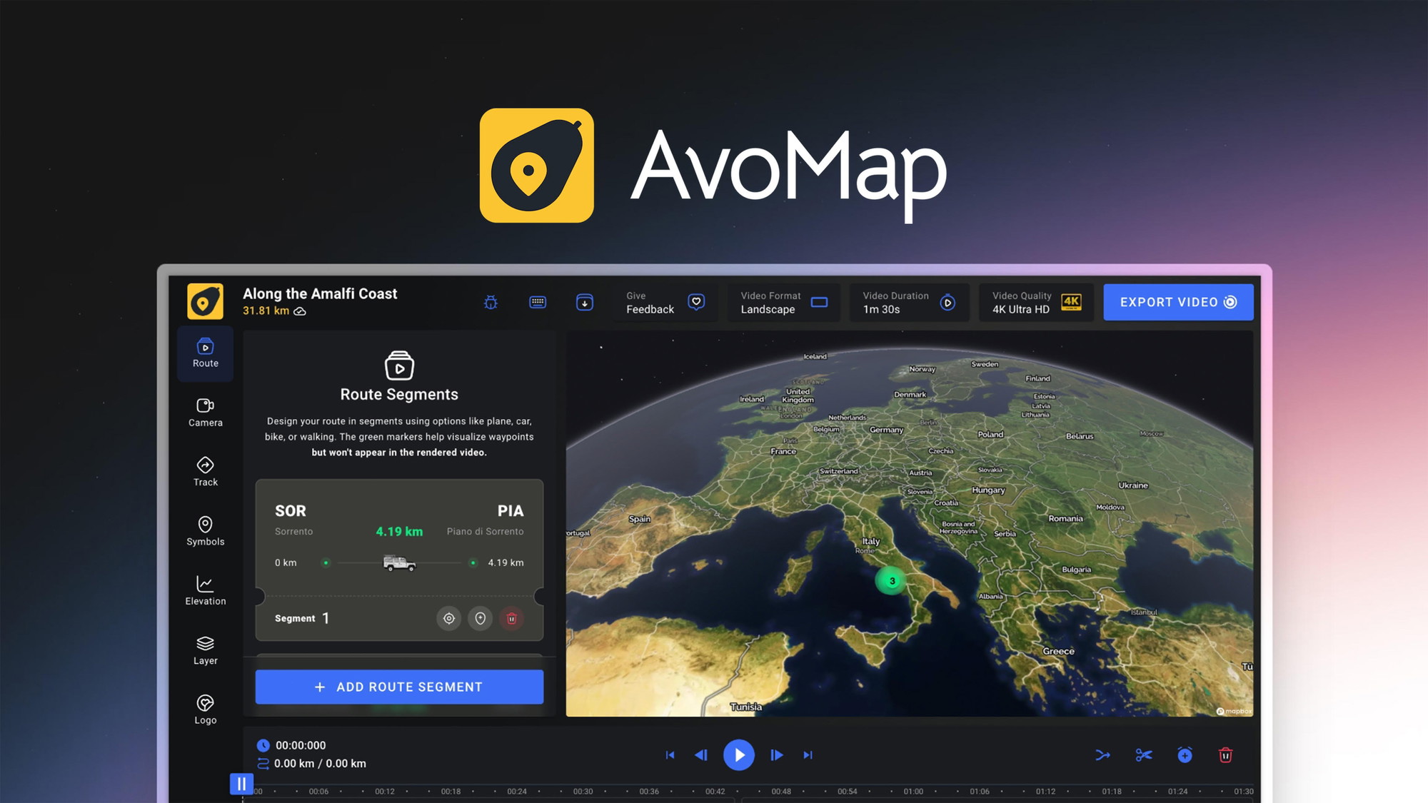 Avomap is a credit-based animated map video creator that turns travel routes into cinematic 3D flyover videos for flights, drives, hikes, and bike rid