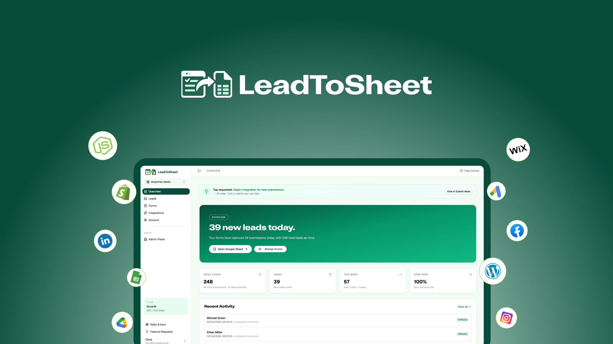 LeadToSheet sends website, Meta, and LinkedIn form submissions to Google Sheets in real time with AI lead scoring and enrichment.