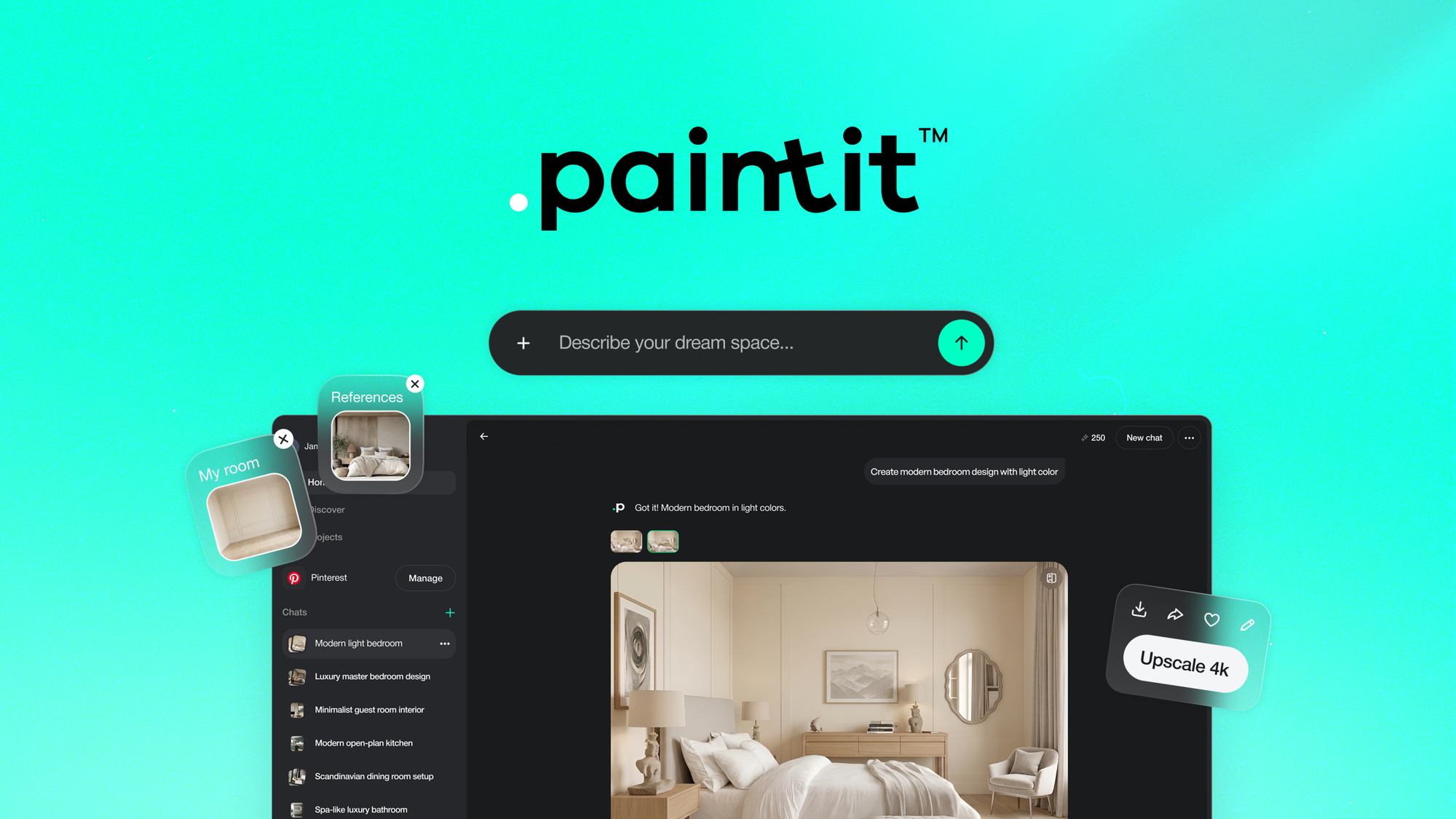PaintIt AI is an interior design tool that turns room photos or text prompts into editable 3D renders using real paint-brand color libraries.