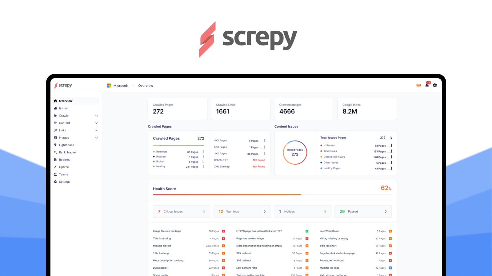 Screpy is a unified AI-driven dashboard for tracking website SEO health, performance, uptime, and keyword rankings in one place.