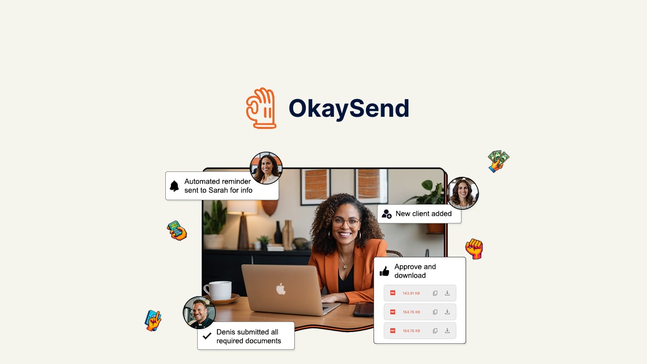 OkaySend is a document collection tool that lets businesses gather signed files and e-signatures from clients through secure, no-login portals.
