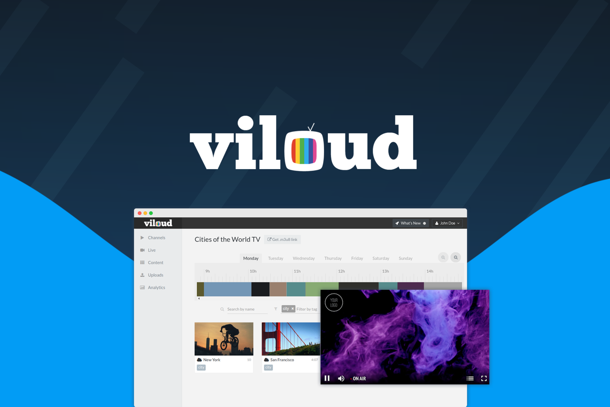 Viloud is a browser-based platform for creating, scheduling, and monetizing linear, on-demand, and FAST TV channels with a drag-and-drop player.