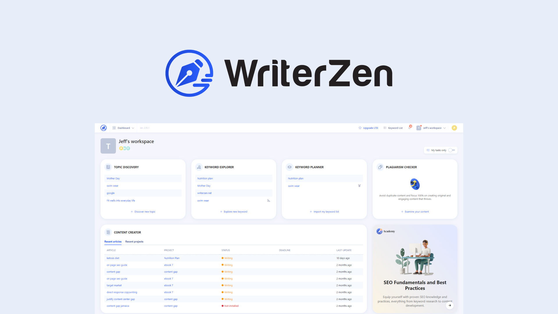 WriterZen is an all-in-one SEO content platform for keyword research, topic clustering, content planning, and AI-assisted writing with a built-in plag