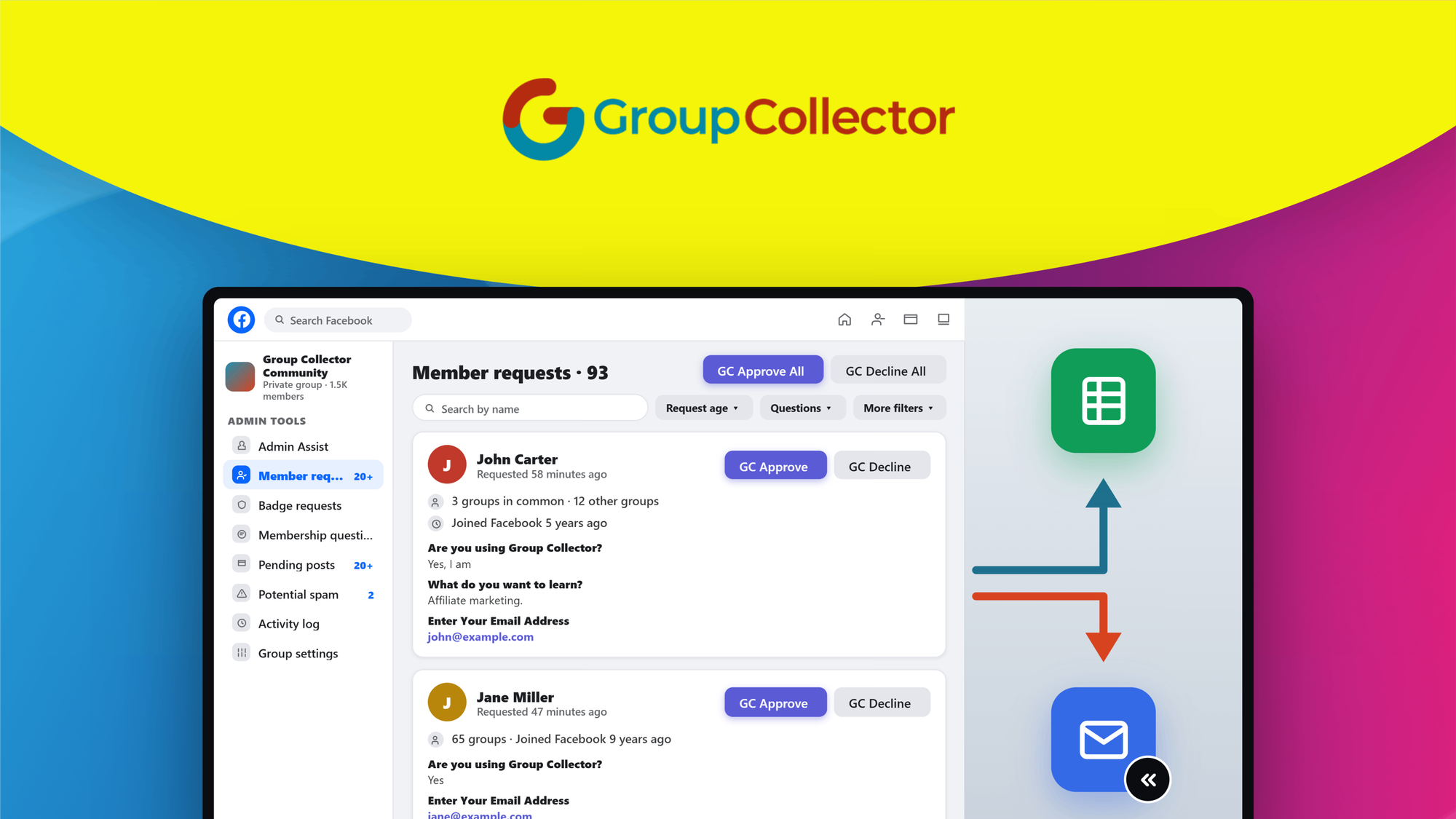 Group Collector is a Chrome extension that automates Facebook group member approvals, answer collection, and welcome messages.