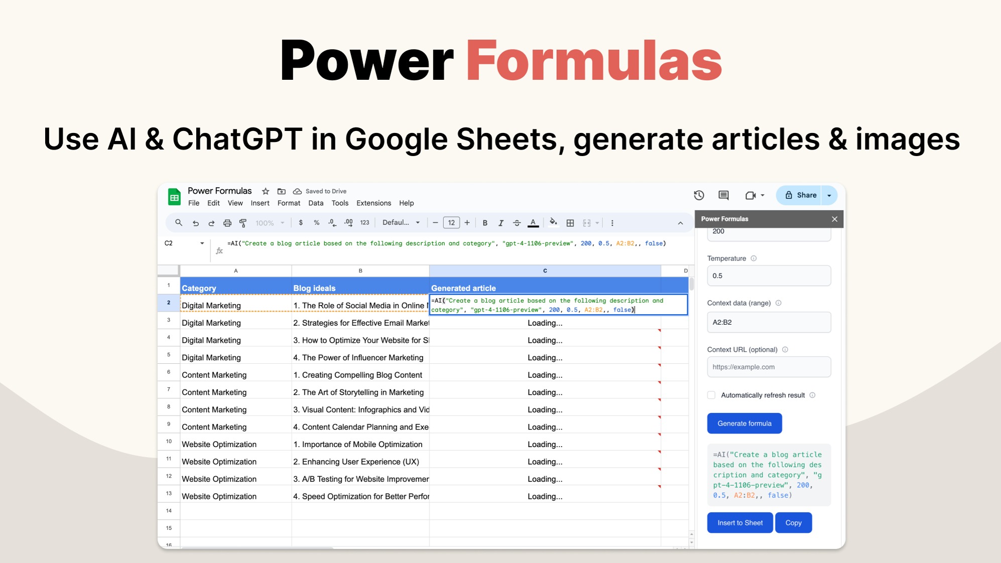 Power Formulas is a Google Sheets add-on that runs AI formulas for bulk text and image generation using your own OpenAI, Claude, Gemini, or Cohere API