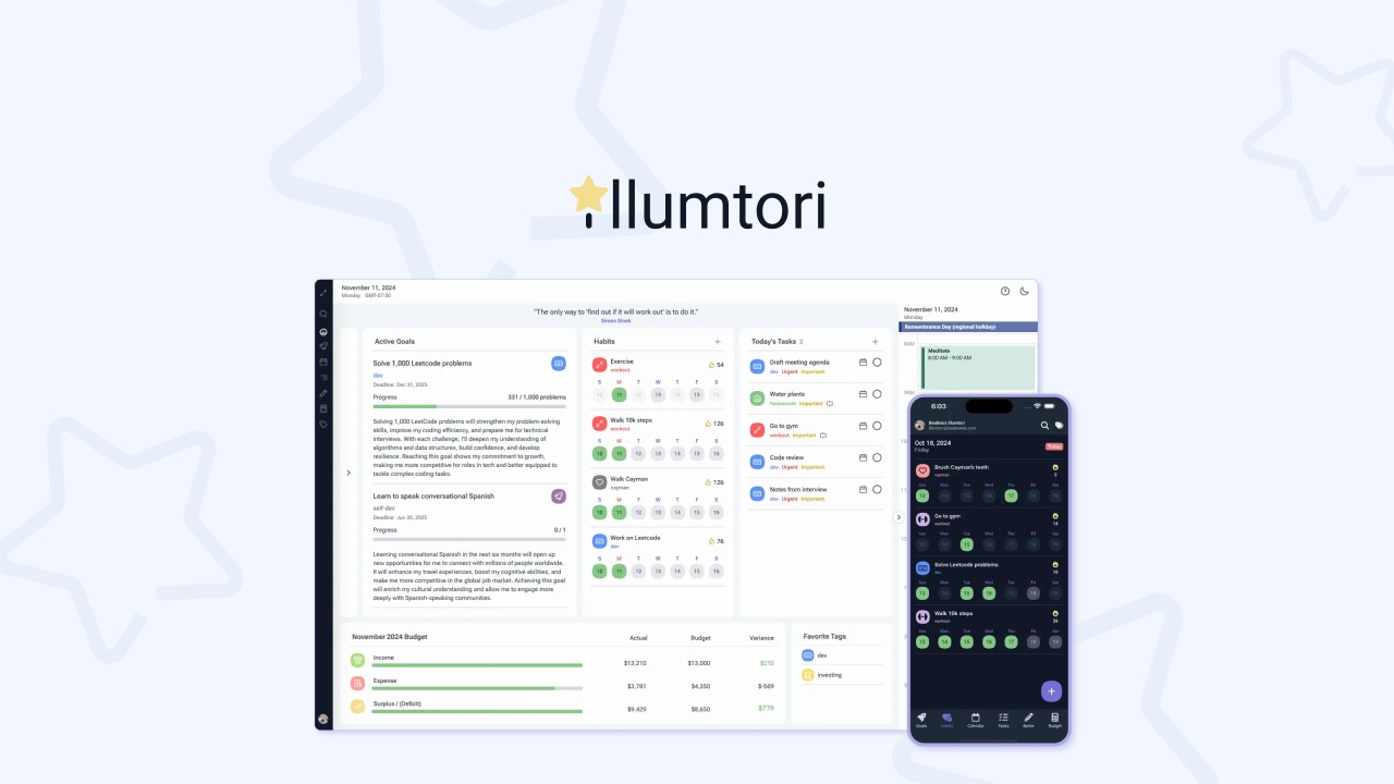 Illumtori is an all-in-one productivity platform that combines SMART goal tracking, habit tracking, calendar management, task time-blocking, notes, an