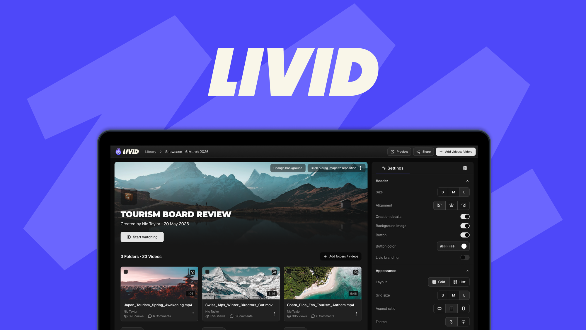 Livid is an ad-free video hosting platform with a branded player and one-click bulk migration from Vimeo.