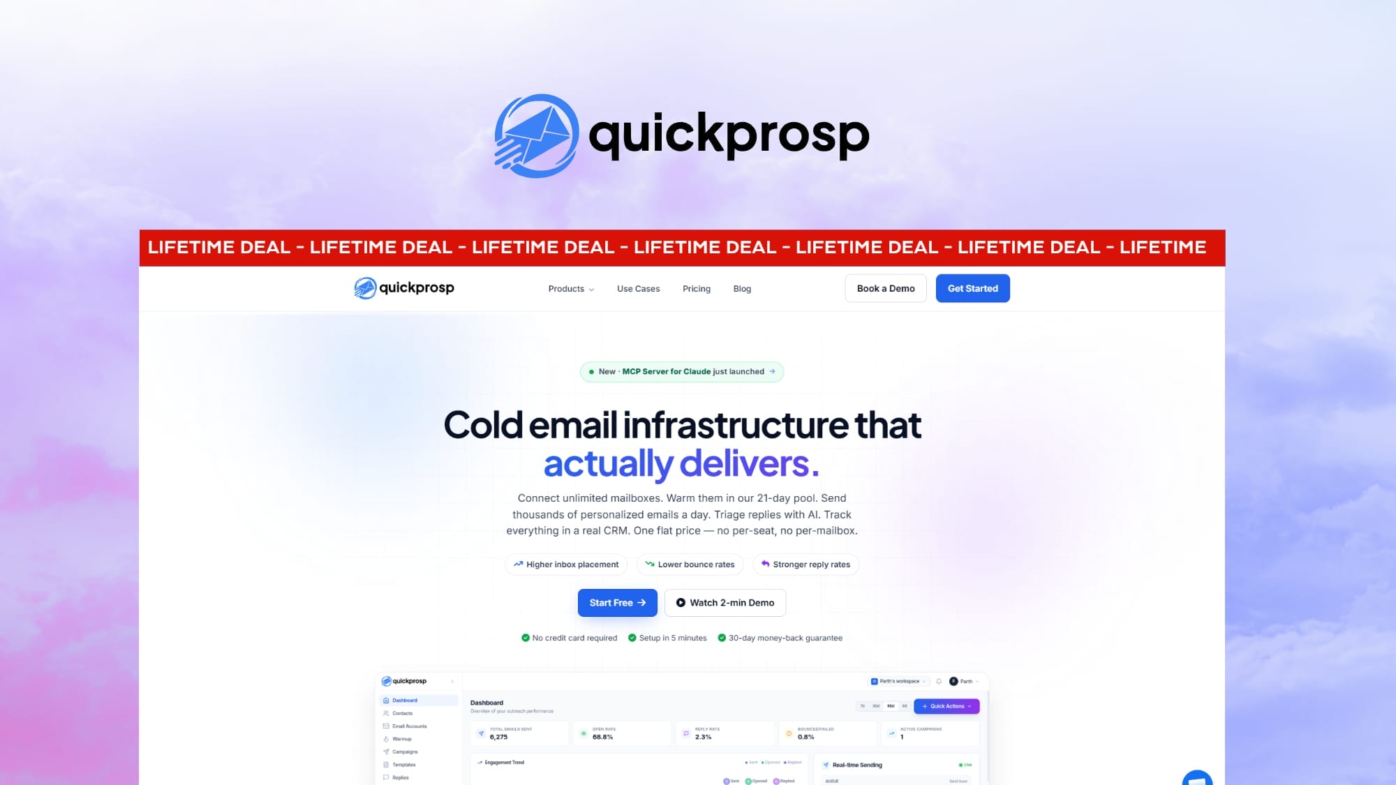 QuickProsp is a cold email infrastructure platform offering unlimited mailbox connections, AI-written copy, built-in warmup, a basic CRM, and a native