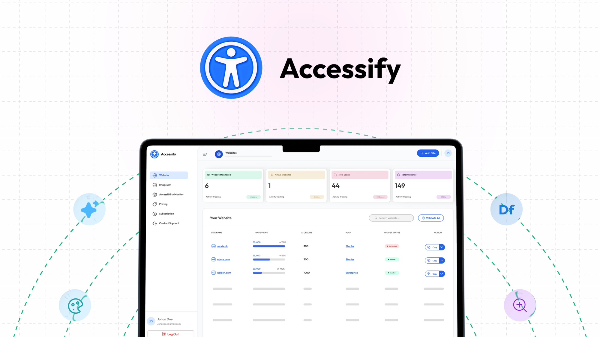 Accessify is an AI-powered widget that scans websites for WCAG 2.1 violations in real time and applies automated, visitor-facing accessibility fixes.