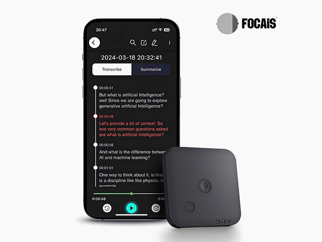 Focais Meet One is a portable AI voice recorder that transcribes, translates, and summarizes speech using OpenAI's Whisper engine.