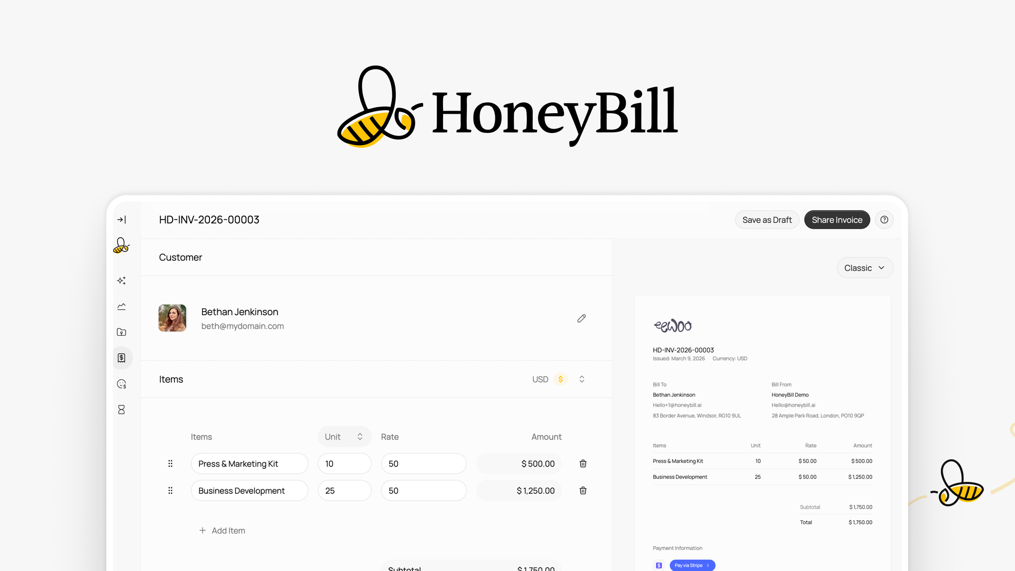 HoneyBill is an AI-assisted invoicing platform that helps freelancers create, send, and get paid on branded invoices without platform fees.