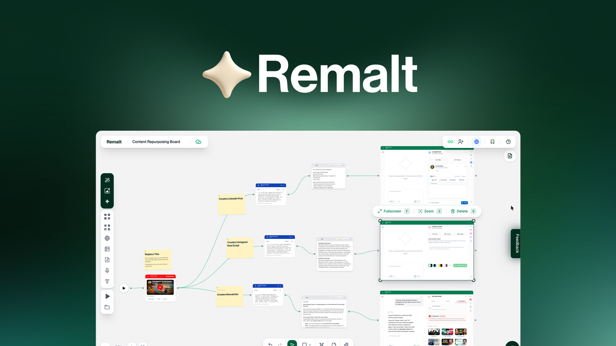 Remalt is a visual AI workspace that combines an infinite canvas with 10+ language models for content creation.