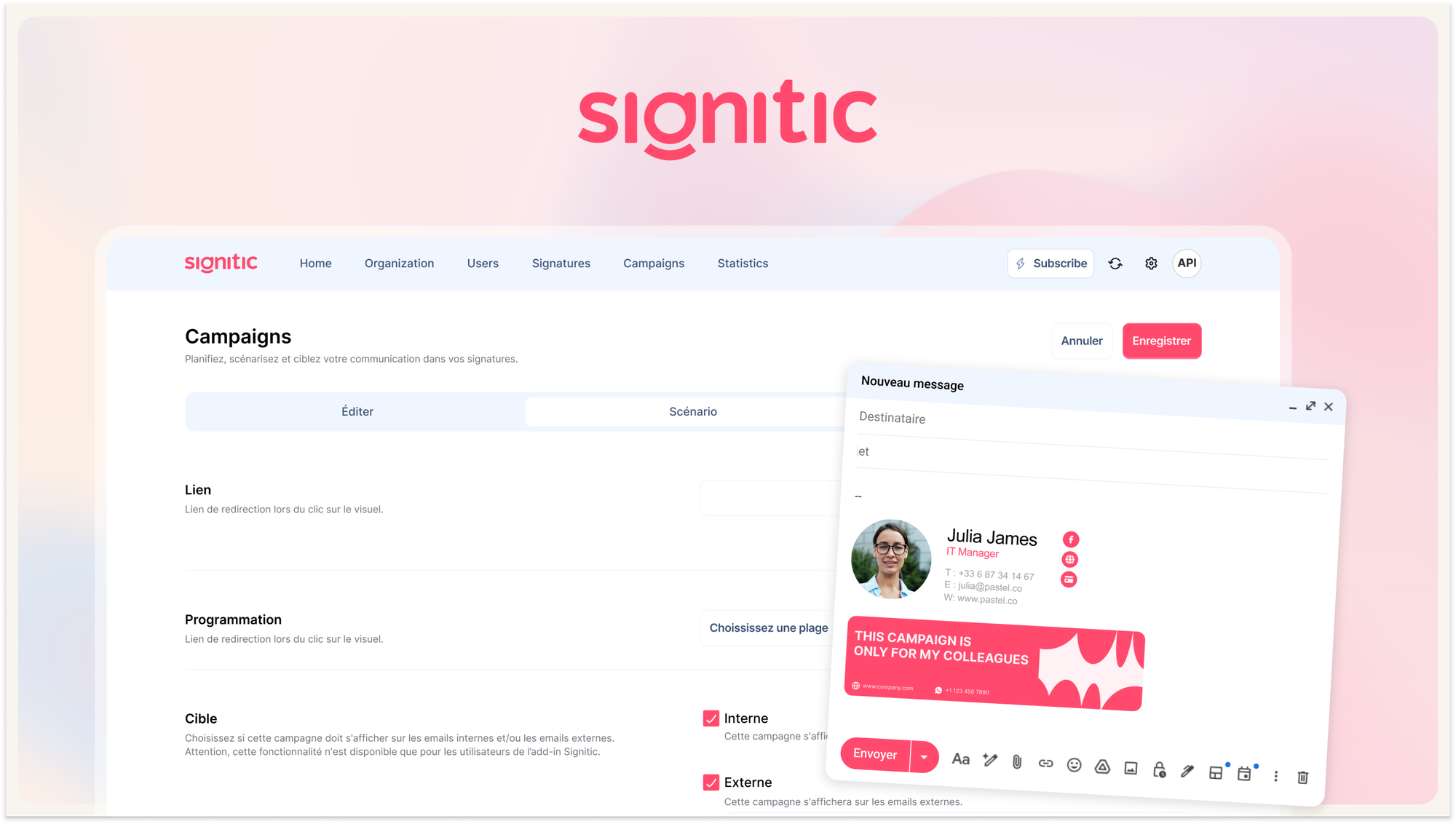 Signitic is a centralized email signature and banner ad campaign platform built for Microsoft 365 and Google Workspace teams.