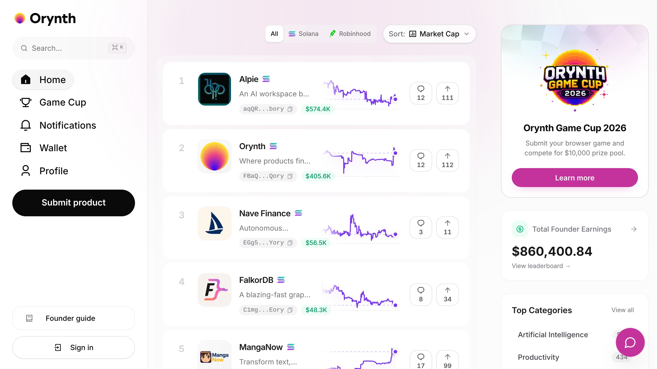 Orynth homepage showing AI directory listing