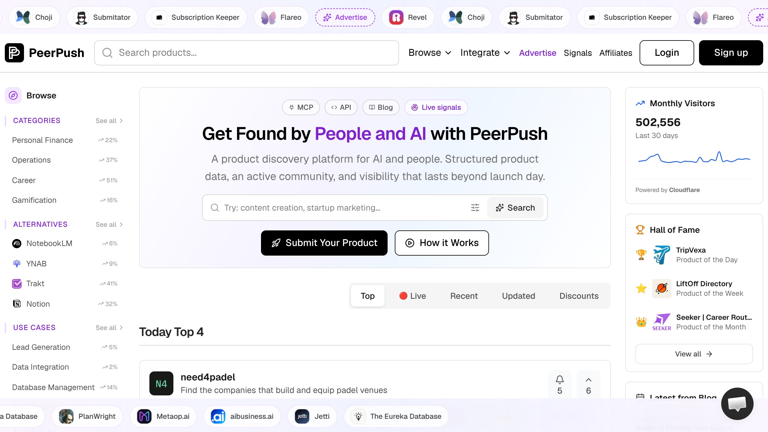 PeerPush homepage showing AI directory listing