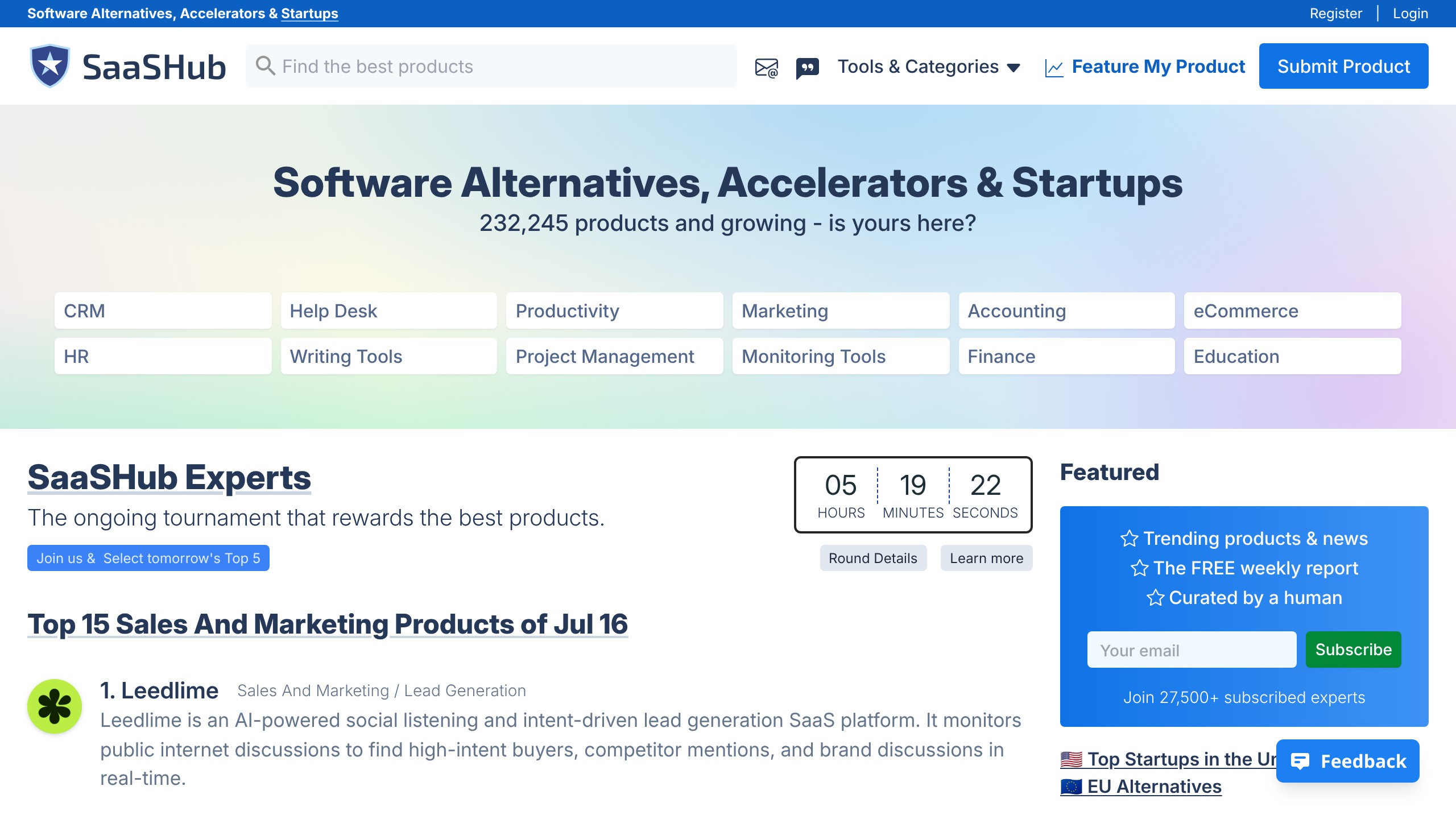SaasHub homepage showing SaaS directory listing