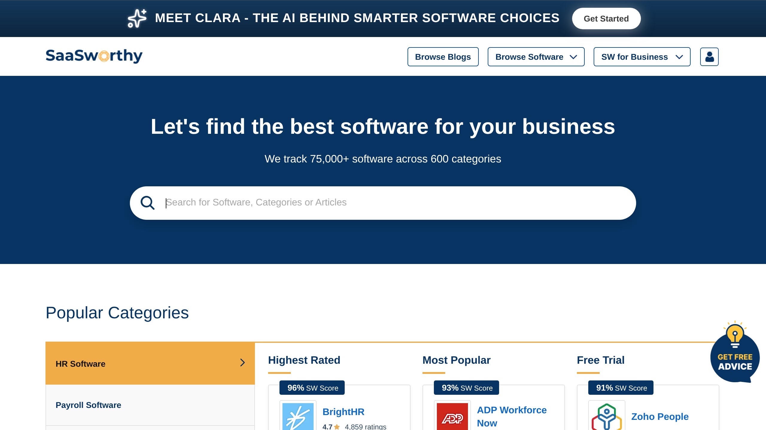 SaasWorthy homepage showing Software directory listing
